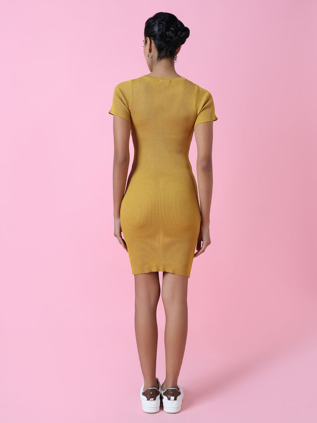 Women's Mustard Round Neck Solid Bodycon Dress