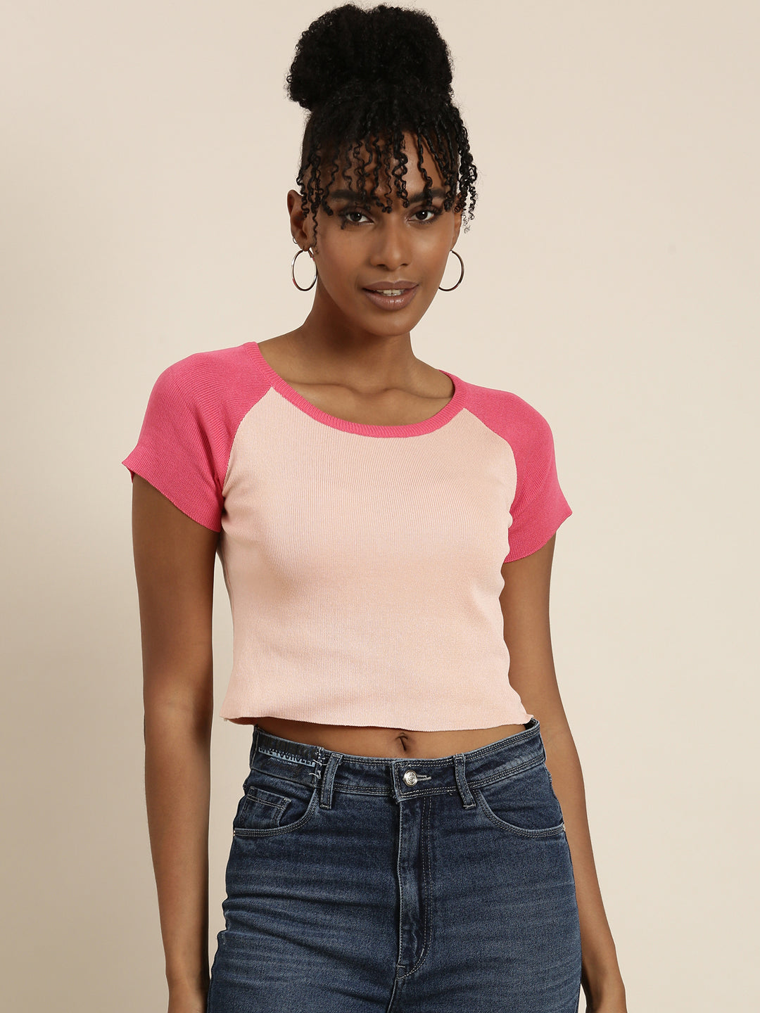 Women's Peach Colour blocked Acrylic Crop Top