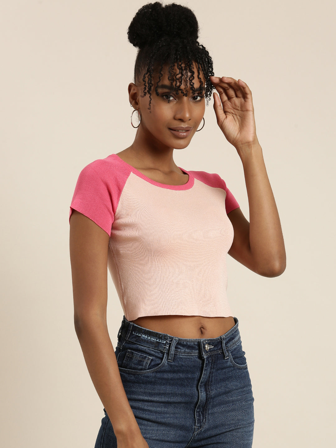 Women's Peach Colour blocked Acrylic Crop Top