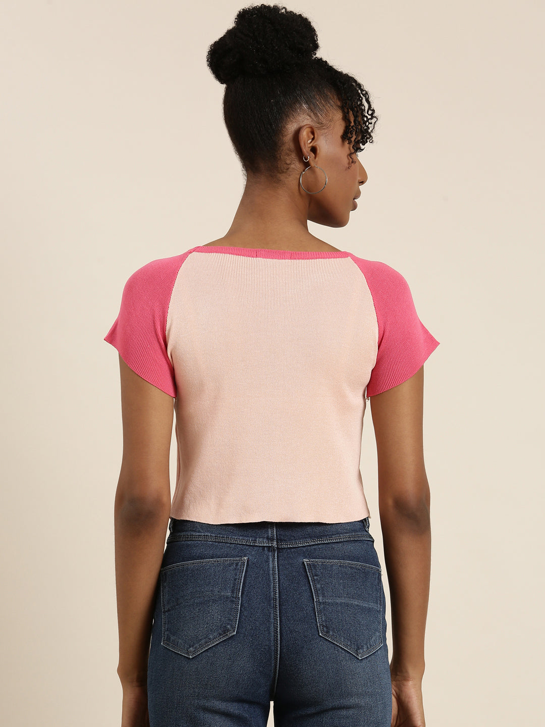 Women's Peach Colour blocked Acrylic Crop Top