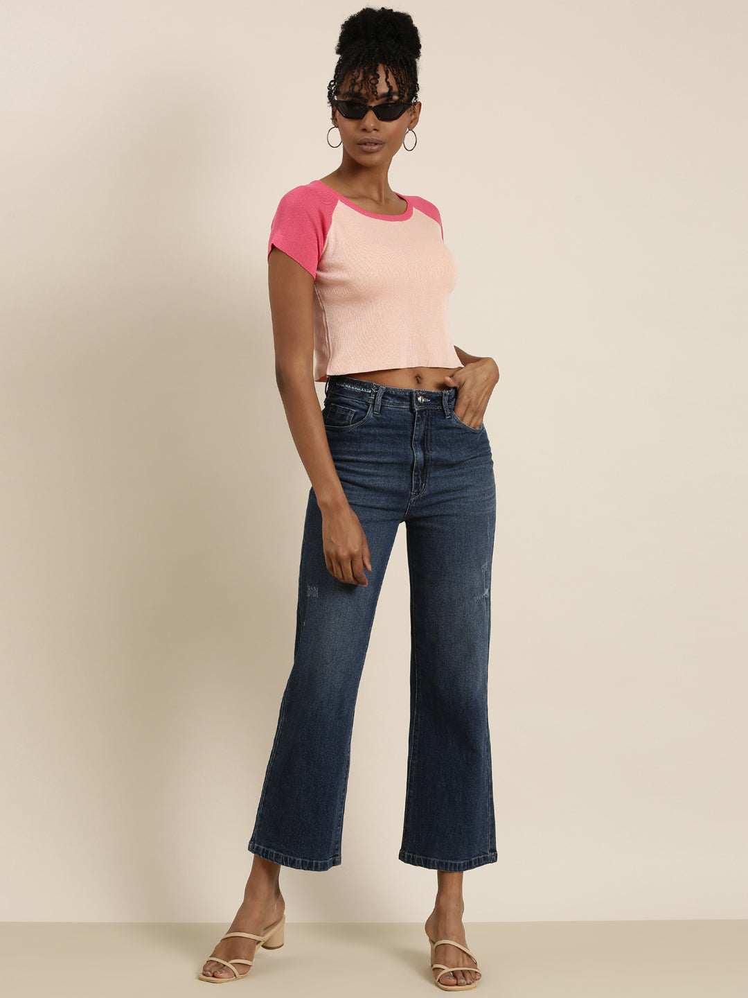Women's Peach Colour blocked Acrylic Crop Top