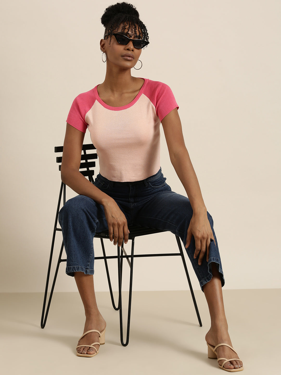 Women's Peach Colour blocked Acrylic Crop Top