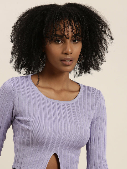 Women's Lavender Ribbed Cut Outs Cotton Crop Top