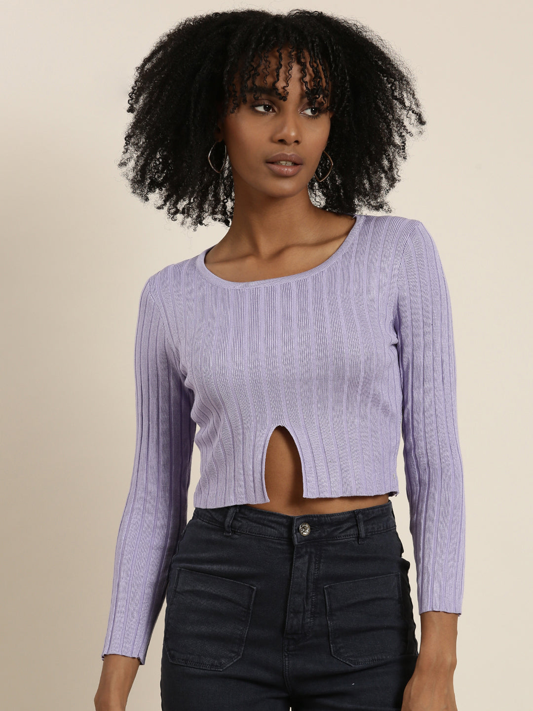 Women's Lavender Ribbed Cut Outs Cotton Crop Top