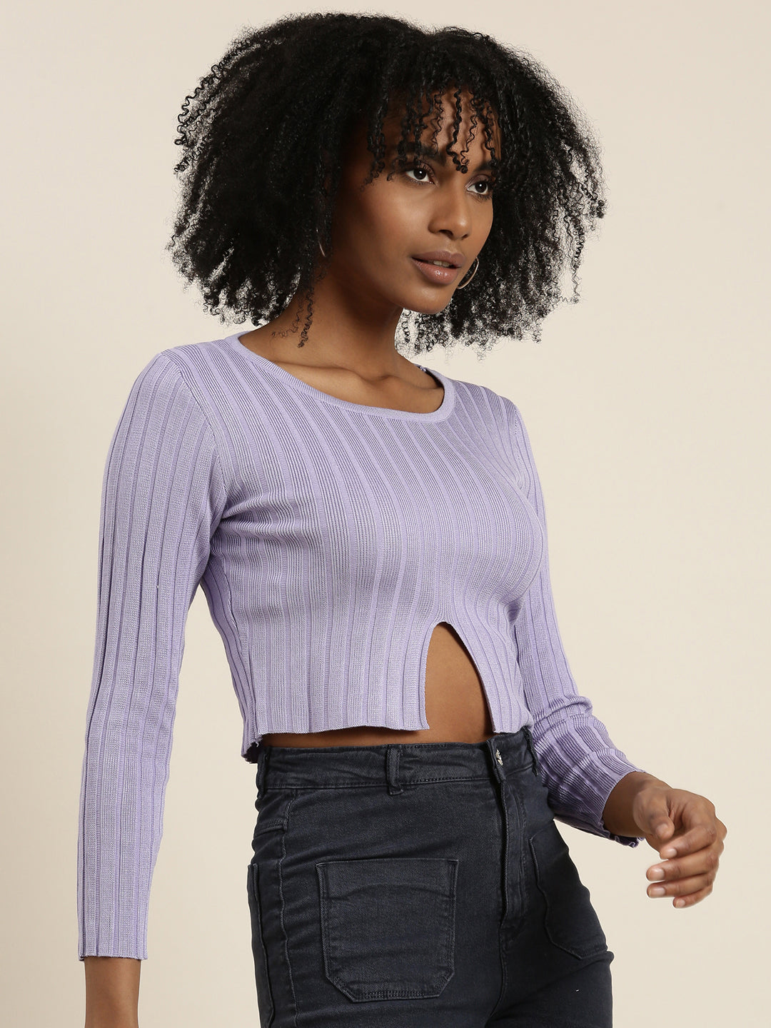 Women's Lavender Ribbed Cut Outs Cotton Crop Top