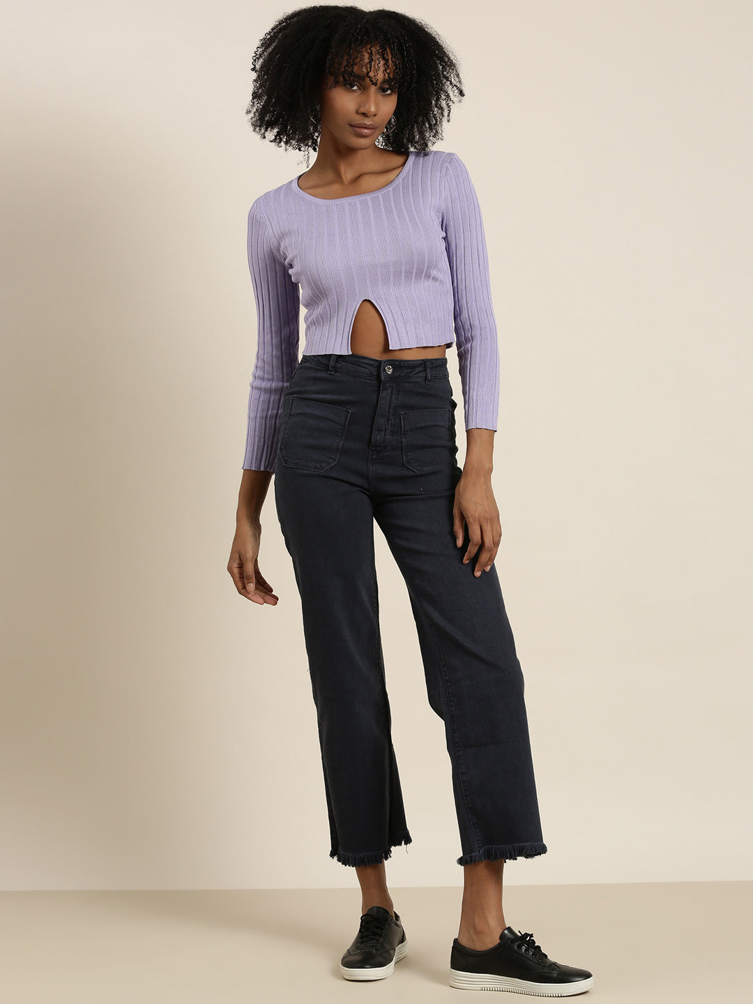 Women's Lavender Ribbed Cut Outs Cotton Crop Top