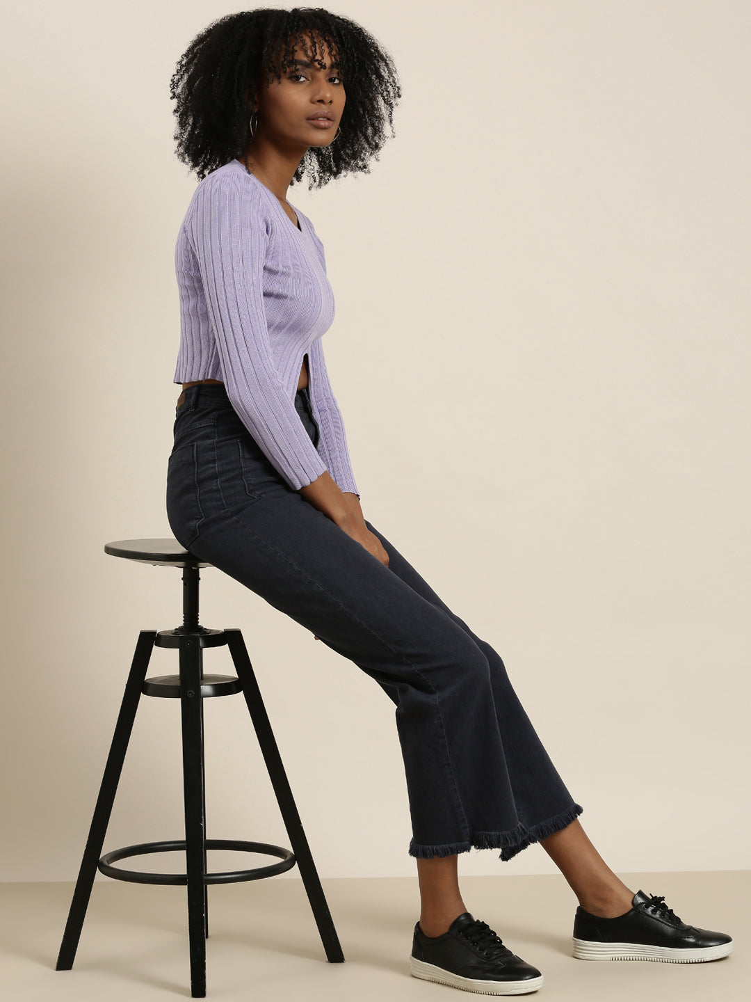Women's Lavender Ribbed Cut Outs Cotton Crop Top