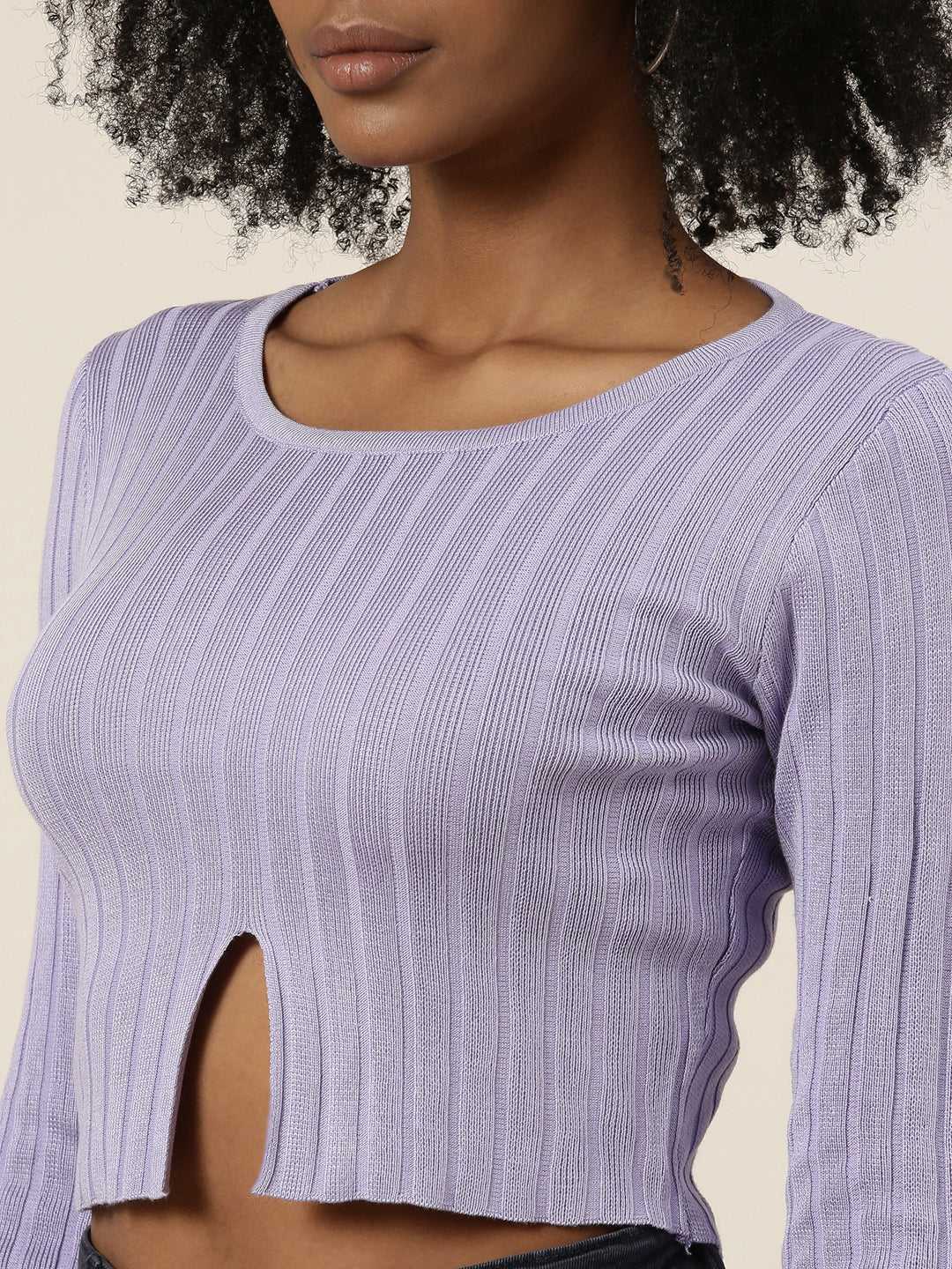 Women's Lavender Ribbed Cut Outs Cotton Crop Top