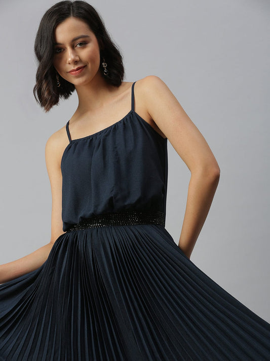 Women's Shoulder Straps Embellished Maxi Navy Blue Dress