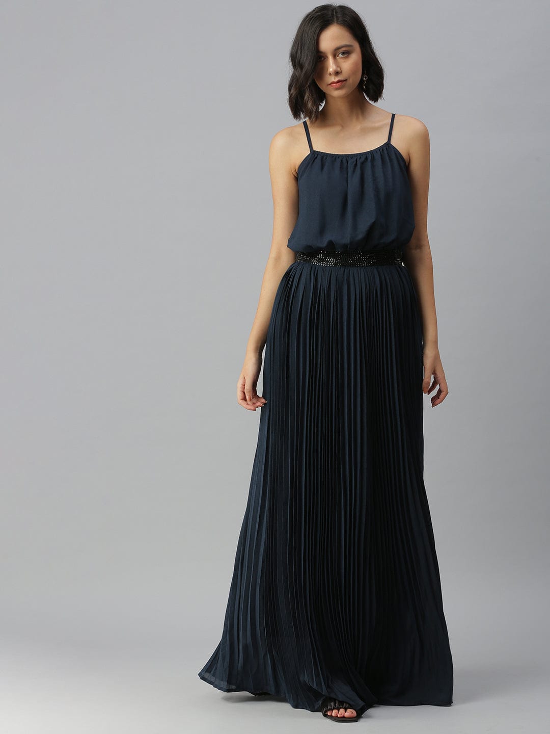 Women's Shoulder Straps Embellished Maxi Navy Blue Dress