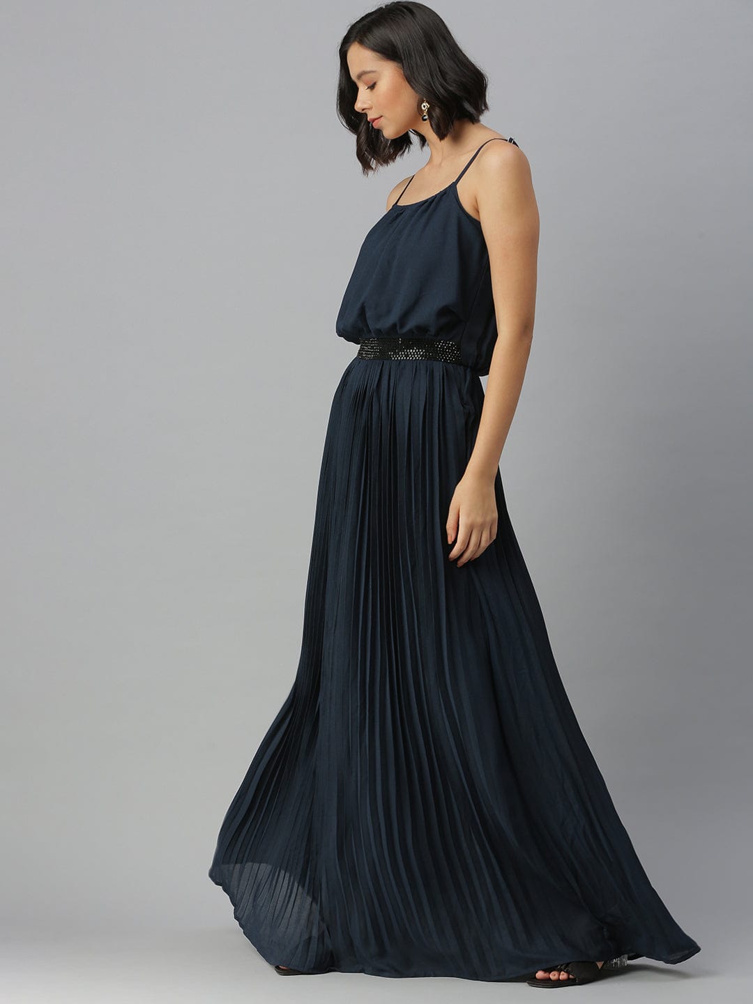 Women's Shoulder Straps Embellished Maxi Navy Blue Dress