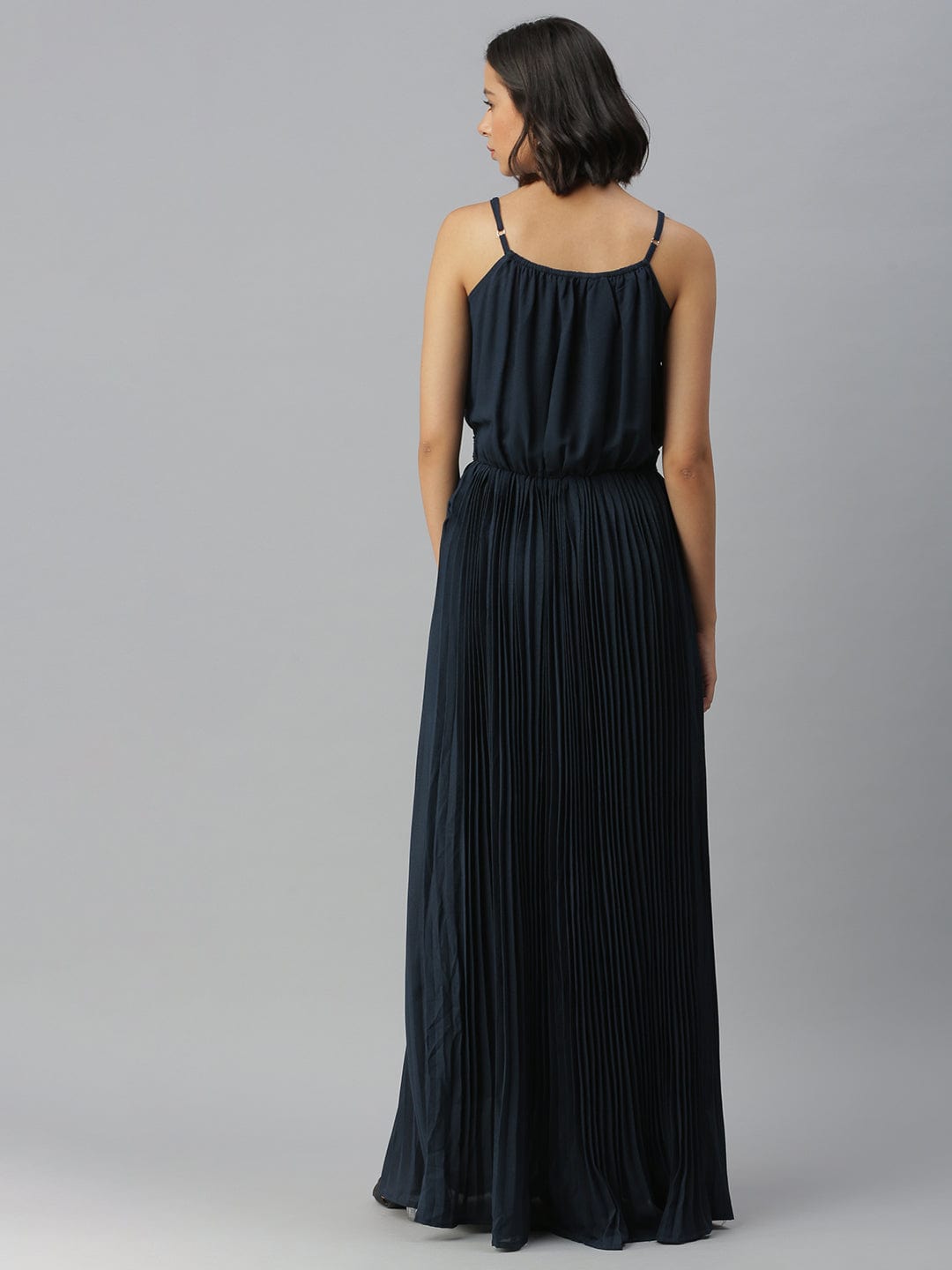 Women's Shoulder Straps Embellished Maxi Navy Blue Dress