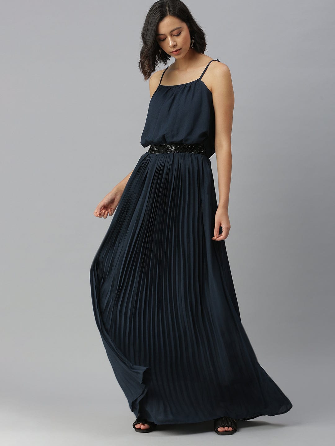 Women's Shoulder Straps Embellished Maxi Navy Blue Dress