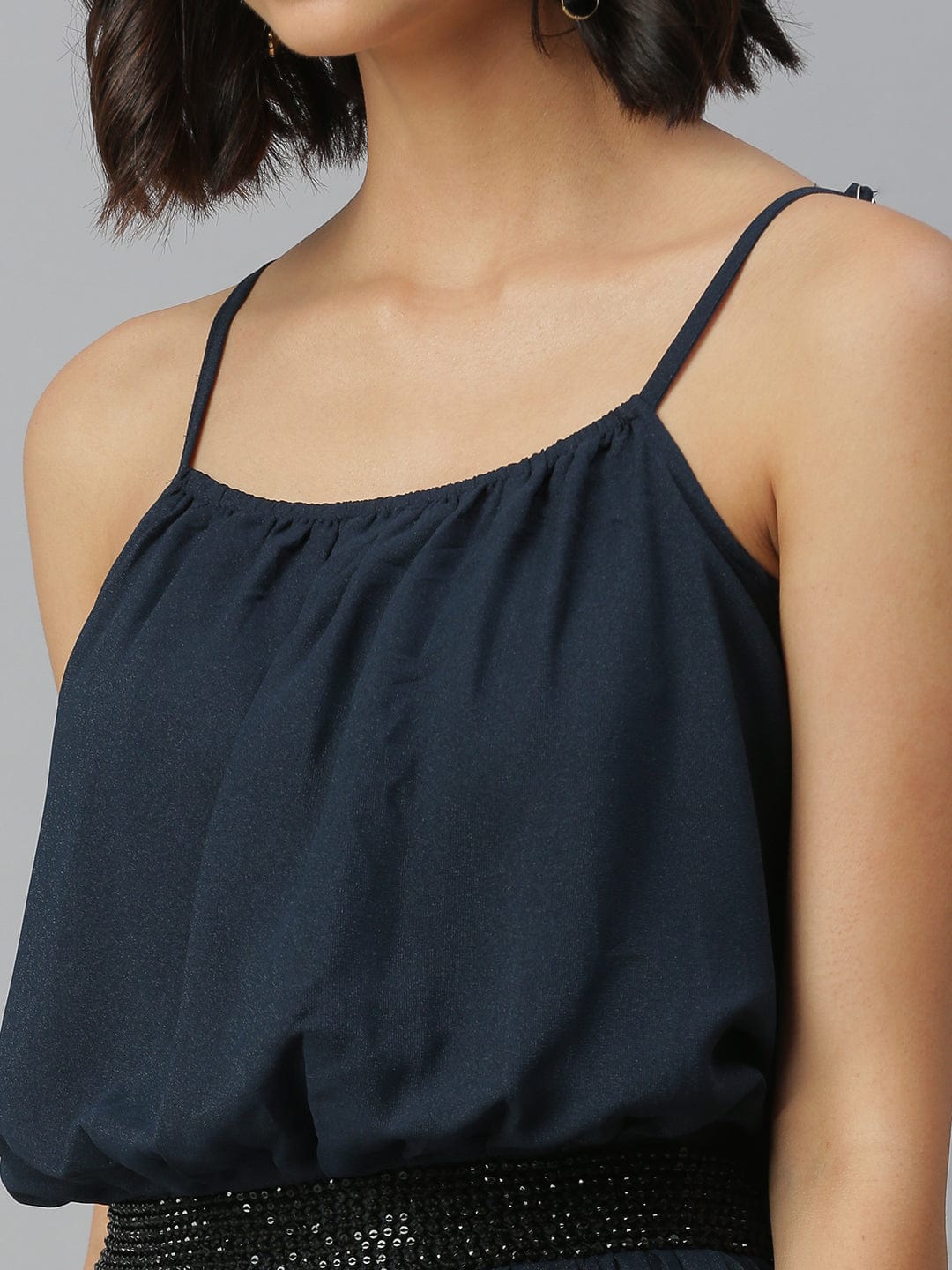 Women's Shoulder Straps Embellished Maxi Navy Blue Dress